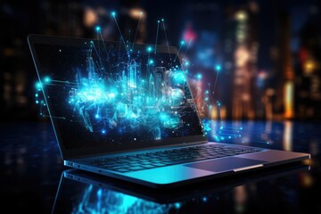 Laptop futuristic background Data Transfer. technology concept. Futuristic cyberspace background. Generative AI