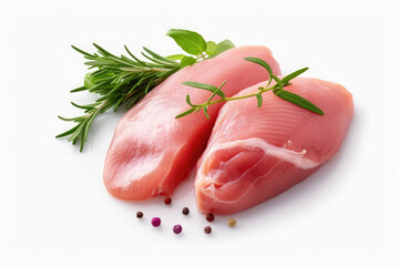 Chicken breast meat and herbs isolated on white, Generative AI