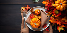 Autumn Place Setting With Fall Leaves, Napkin And Pumpkins. Thanksgiving Day Postcard. AI Generated