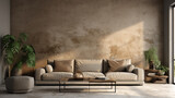 Fototapeta Boho - sofa in room with grunge stucco wall and much grernery with sunlight