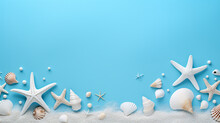 Starfish Sea Shell And Different Shapes On Blue Cute Background Design