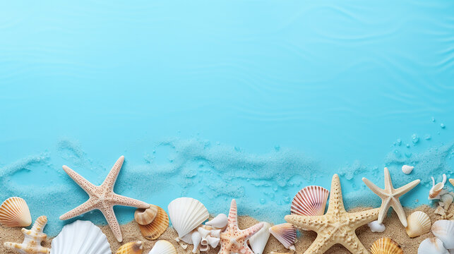 starfish sea shell and different shapes on blue background