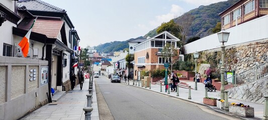 Kobe Prefecture Japan-10-March-2023-street in Kitano Ijinkan-gai, old town street.