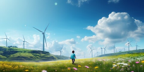 child running with a colorful pinwheel amidst wind turbines. a summer scene of blue skies, green hil