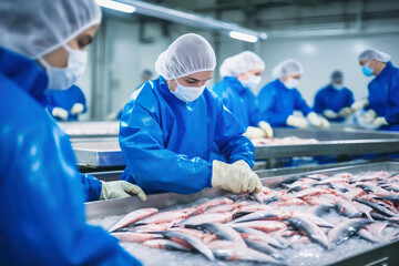 Wall Mural - Fish processing plant. Production Line. People sort the fish moving along the conveyor. Sorting and preparation of fish. Production of canned fish. modern food industry.