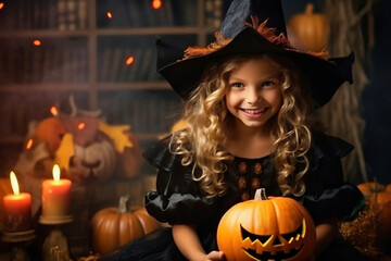 Wall Mural - Happy cheerful little girl dressed as a witch or an evil sorceress in makeup is having fun at the Halloween celebration. Festive costume. Jack lantern.