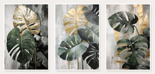 Monstera Leaves Simple, Abstract, Textured, Shaded, Grey, Green And White Tropical Leaves With Touches Of Gold, Oil Painting