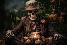 Creepy Skeleton Wearing Cape, Horror, Creepy, Mystical Halloween Fantasy Illustration Made With Generative AI