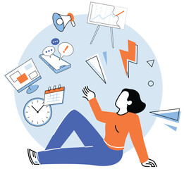 Business woman working in office. Employee during work process and abstract business data analysis. Person in workflow. Managing, sorting and analyzing digital information flow, controls time and plan