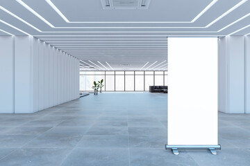 Aufkleber - Modern spacious concrete and glass office interior with blank white mock up banner, furniture and panoramic windows with city view. 3D Rendering.