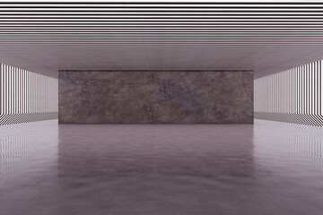Poster - Contemporary spacious concrete room with mock up place on wall. Exhibition hall. 3D Rendering.