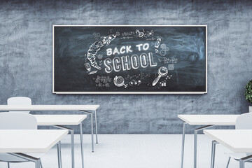 Poster - Contemporary classroom interior wuth creative back to school sketch on chalkboard. Education, knowledge, and wisdom concept. 3D Rendering.