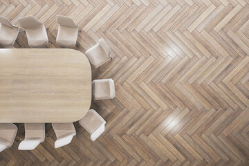 Top view of modern white meeting room interior with furniture and mock up place on wooden flooring. 3D Rendering.