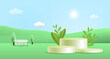 round podium 3d style for product with 3d landscape mountain and hills illustration trees, cloud and sun. vector illustration.