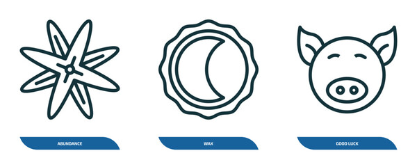 Poster - set of 3 linear icons from zodiac concept. outline icons such as abundance, wax, good luck vector