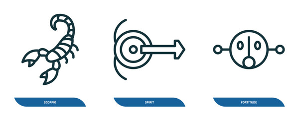 Poster - set of 3 linear icons from zodiac concept. outline icons such as scorpio, spirit, fortitude vector