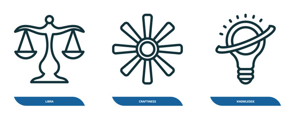 Poster - set of 3 linear icons from zodiac concept. outline icons such as libra, craftiness, knowledge vector