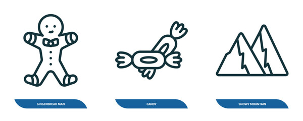 Poster - set of 3 linear icons from winter concept. outline icons such as gingerbread man, candy, snowy mountain vector