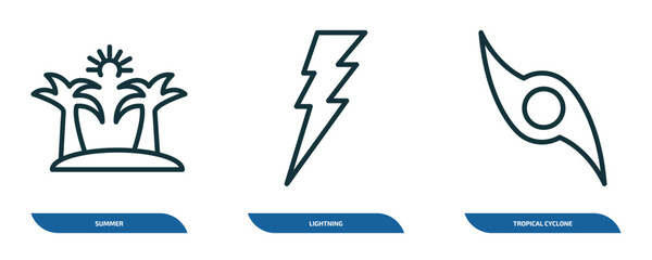 Poster - set of 3 linear icons from weather concept. outline icons such as summer, lightning, tropical cyclone vector