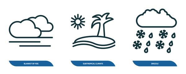 Poster - set of 3 linear icons from weather concept. outline icons such as blanket of fog, subtropical climate, drizzle vector