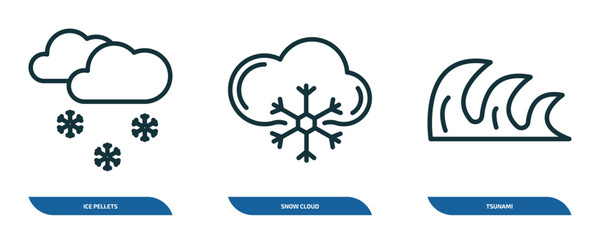 Poster - set of 3 linear icons from weather concept. outline icons such as ice pellets, snow cloud, tsunami vector