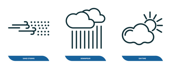 Poster - set of 3 linear icons from weather concept. outline icons such as sand storms, downpour, daytime vec
