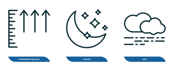 Poster - set of 3 linear icons from weather concept. outline icons such as atmospheric pressure, twilight, mist vector