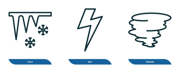 Poster - set of 3 linear icons from weather concept. outline icons such as icicle, bolt, tornado vector
