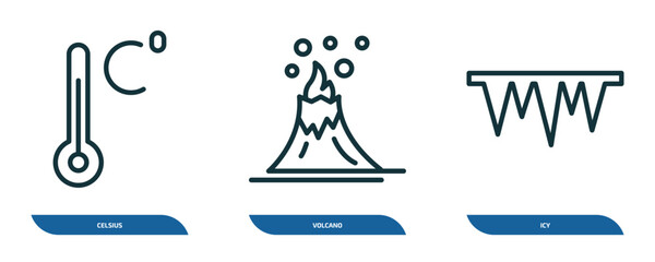 Poster - set of 3 linear icons from weather concept. outline icons such as celsius, volcano, icy vector