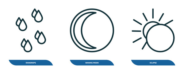 Poster - set of 3 linear icons from weather concept. outline icons such as raindrops, waning moon, eclipse ve