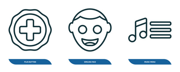 Poster - set of 3 linear icons from ultimate glyphicons concept. outline icons such as plus button, smiling face, music menu vector
