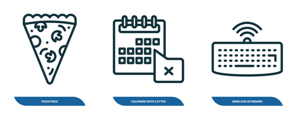 Poster - set of 3 linear icons from ultimate glyphicons concept. outline icons such as pizza piece, calendar with letter x, wireless keyboard vector