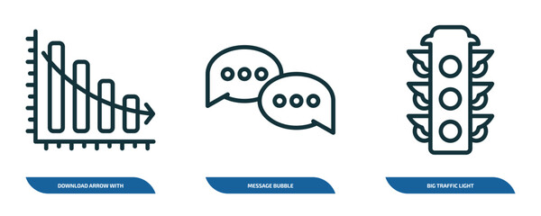 Poster - set of 3 linear icons from ultimate glyphicons concept. outline icons such as download arrow with bar, message bubble, big traffic light vector