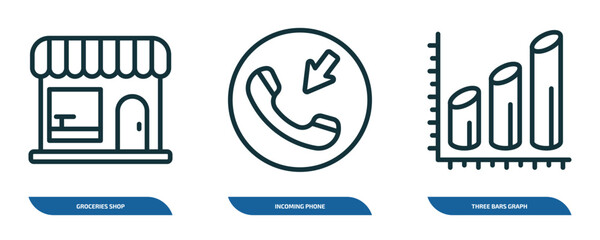 Poster - set of 3 linear icons from ultimate glyphicons concept. outline icons such as groceries shop, incoming phone, three bars graph vector
