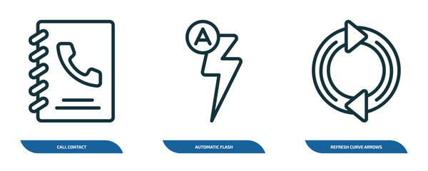 Poster - set of 3 linear icons from ultimate glyphicons concept. outline icons such as call contact, automatic flash, refresh curve arrows vector