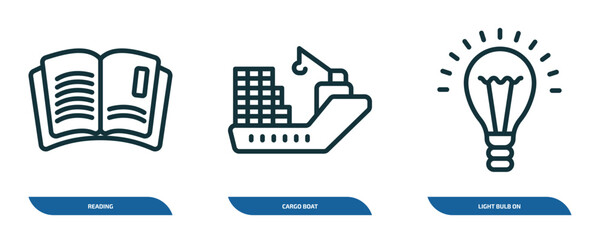 Poster - set of 3 linear icons from ultimate glyphicons concept. outline icons such as reading, cargo boat, light bulb on vector