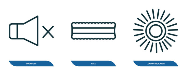 Poster - set of 3 linear icons from user interface concept. outline icons such as sound off, lace, loading indicator vector