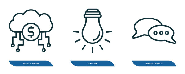 Poster - set of 3 linear icons from user interface concept. outline icons such as digital currency, tungsten, two chat bubbles vector