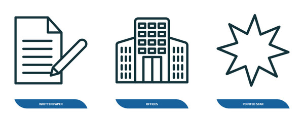 Poster - set of 3 linear icons from user interface concept. outline icons such as written paper, offices, poi
