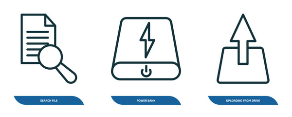 Poster - set of 3 linear icons from collection. thin linear concept. outline icons such as search file, power bank, uploading from drive vector