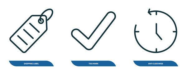 Poster - set of 3 linear icons from user interface concept. outline icons such as shopping label, tick mark, anti clockwise vector