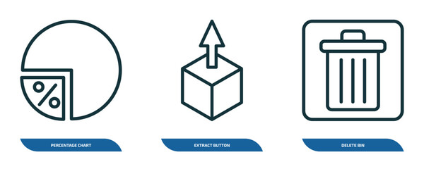 Poster - set of 3 linear icons from user interface concept. outline icons such as percentage chart, extract button, delete bin vector