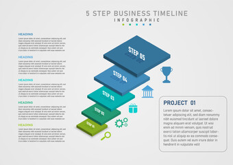 Wall Mural - 3d infographic 5 steps business multi colored squares stacked vertically numbers and text above left letter Multi-colored icon on the right and gray text outline in the middle.gray gradient background
