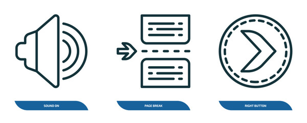 Poster - set of 3 linear icons from user interface concept. outline icons such as sound on, page break, right button vector