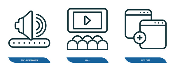 Poster - set of 3 linear icons from user interface concept. outline icons such as amplified speaker, hall, new page vector