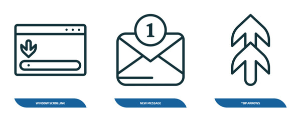 Poster - set of 3 linear icons from user interface concept. outline icons such as window scrolling right, new message, top arrows vector