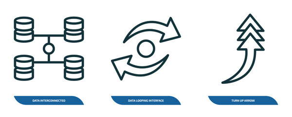 Poster - set of 3 linear icons from user interface concept. outline icons such as data interconnected, data looping interface, turn up arrow vector