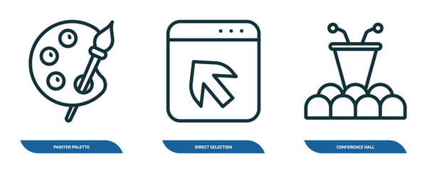 Poster - set of 3 linear icons from user interface concept. outline icons such as painter palette, direct selection, conference hall vector