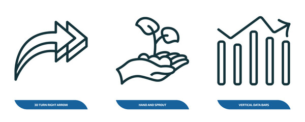 Poster - set of 3 linear icons from user interface concept. outline icons such as 3d turn right arrow, hand and sprout, vertical data bars vector