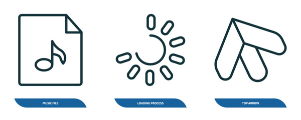 Poster - set of 3 linear icons from user interface concept. outline icons such as music file, loading process, top arrow vector